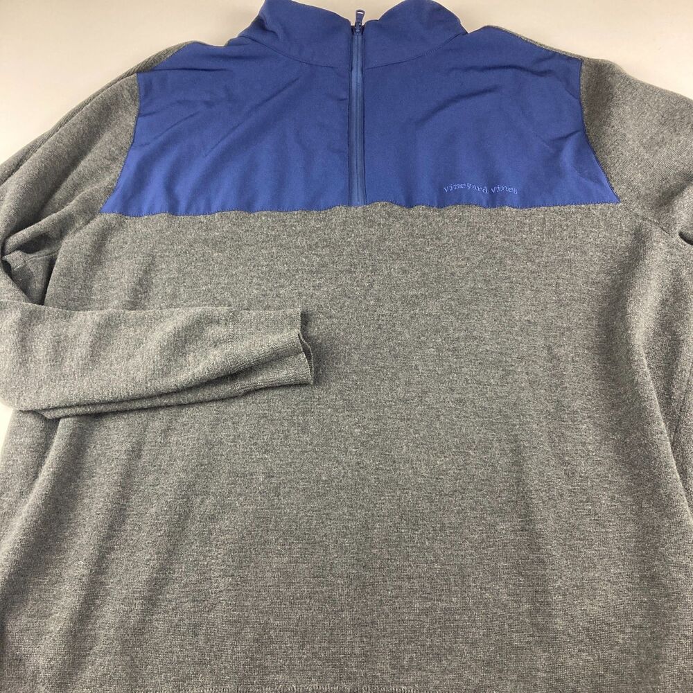 Vineyard Vines Mens 2XL Gray Blue Merino Wool Blend Quarter Zip Pullover
